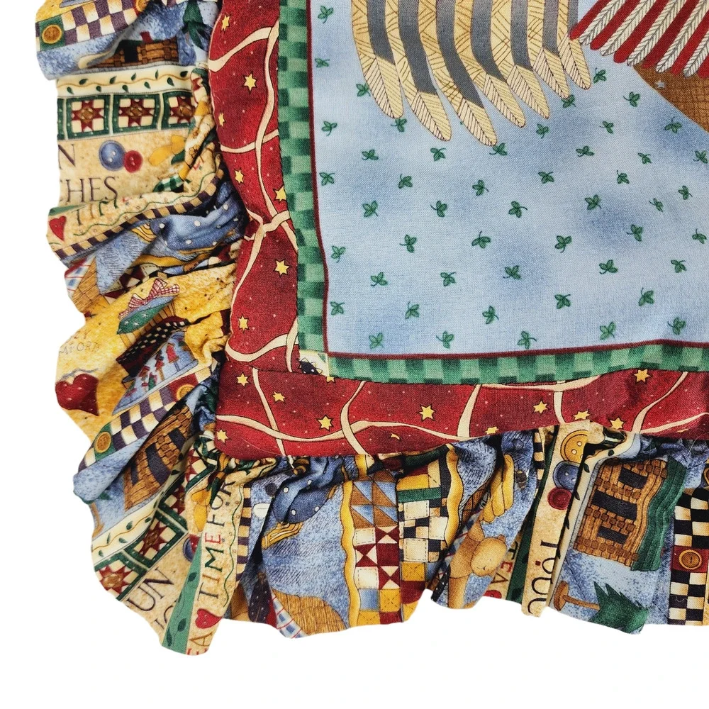 Rooster Throw Pillow Cover & Insert 18x18 inch Ruffle Edge Blue Red Green Bright